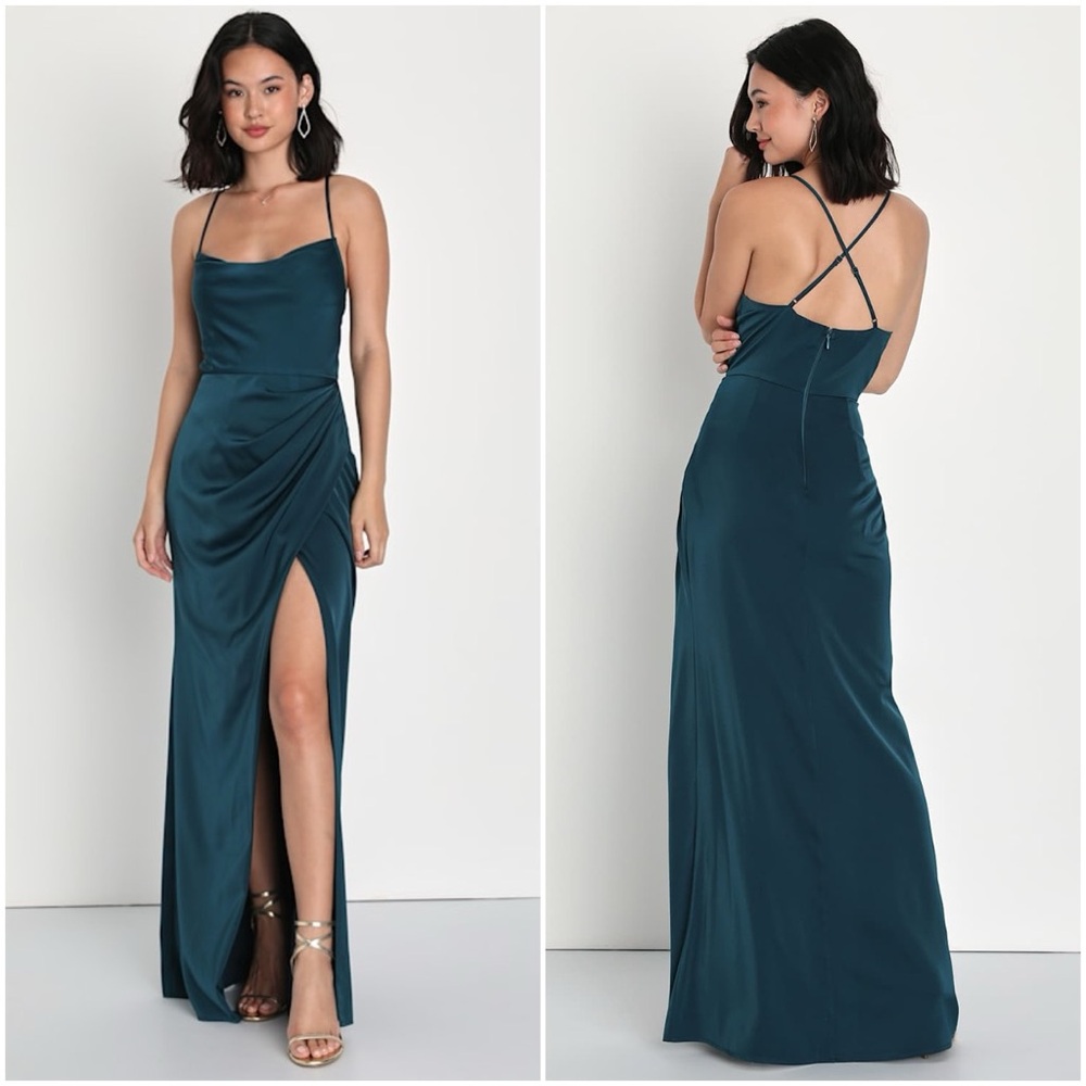 Lulus Moments of Beauty Satin Maxi Dress Small Dark Teal Green Cowl Neck Formal